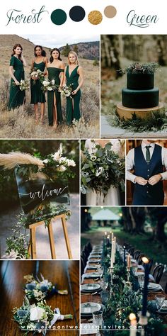 a collage of photos with green and white wedding colors, greenery and candles