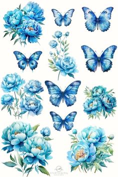 blue flowers and butterflies are shown in this watercolor painting technique, which is easy to draw