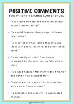 a poster with the words positive comments for parent - teacher confernces