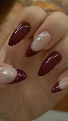 Nails That Go With Everything Ideas, Jelly Red Nails Design, Black Nails Red Chrome, Classic Nails Elegant Almond, Deep Red Nails Designs Burgundy, Nail Inspo Alt, Red Dark Nails, Nail Inspo Burgundy, Red Nail Designs Almond