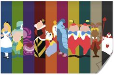 several cartoon characters are standing in front of a rainbow colored striped background with the same character