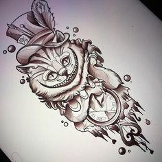 a drawing of an owl with a clock on it's face and some feathers