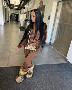 Fuzzy Boots Outfit Black Women, Outfits With Fuzzy Boots, Middle Part 30 Inch Wig, Brown Fluffy Boots Outfit, Outfits With Fluffy Boots, Fuzzy Shoes Outfit, Fur Boots Outfit Winter, Brown Fur Boots Outfit Black Women, Outfit With Fur Boots