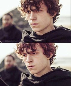 two pictures of a young man with curly hair and wearing a black hoodie looking at the camera