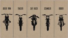 four different types of motorcycles are shown in black and white, with the names of each bike