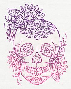 a drawing of a skull with flowers on it's head, in pink ink