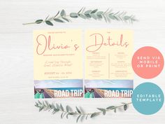 the road trip tri - fold wedding program is displayed on a white table with greenery