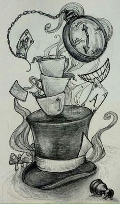 a drawing of a hat with an alarm clock on top and other items around it