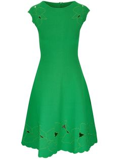 grass green floral embroidery cut-out detailing stretch-design boat neck concealed rear zip fastening cap sleeves flared skirt knee-length scallop hem Emma Style, Embroidered Midi Dress, Scallop Hem, Versace Outfit, Wardrobe Edit, Church Outfits, Grass Green, Green Midi Dress, Summer Beach Wear