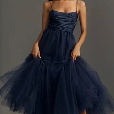 Anthropologie Navy Blue Tulle Maxi Dress Chic Sleeveless Tulle Evening Dress, Formal Sleeveless Tulle Midi Dress, Chic Tulle Midi Evening Dress, Sleeveless Tulle Skirt Midi Dress For Bridesmaid, Sleeveless Tulle Midi Dress For Bridesmaid, Elegant Bridesmaid Midi Dress With Tulle Skirt, Evening Tulle Midi Dress With Spaghetti Straps, Blue Tulle Evening Dress For Cocktail, Blue Sleeveless Dress With Tulle Skirt