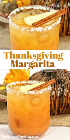 thanksgiving margarita with cinnamon garnish and an apple slice on the rim