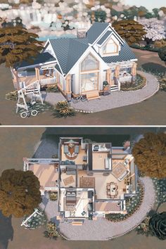 two views of a house from above and below