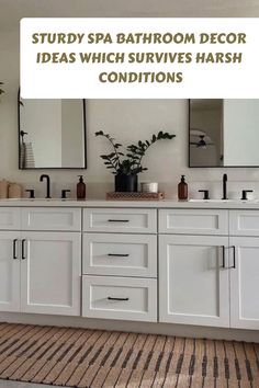 a bathroom with two sinks, mirrors and plants on the counter top in front of it