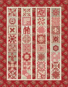 a red and white quilt with many different designs on the border, along with two rows of