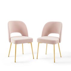 two pink chairs with gold legs, one is upholstered and the other is closed