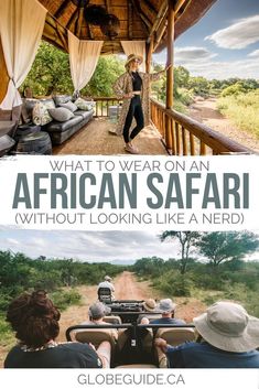 an african safari with people riding on the back of a truck and looking at something