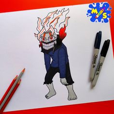 a drawing of a cartoon character with fire on his face