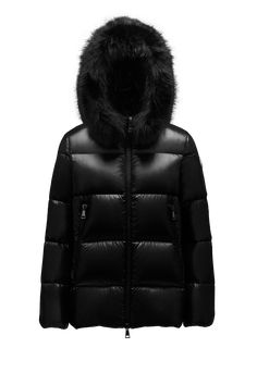 Fusing femininity and luxury, the Laiche down jacket for women is crafted from glossy nylon laqué and trimmed with faux fur on the collar. Easily detached, the trim adapts the puffer jacket for a range of casual and elegant occasions. Faux Fur Coat With Detachable Hood, Luxury Outerwear With Faux Fur Trim And Down Material, Luxury Faux Fur Outerwear, Luxury Puffer Jacket With Double-lined Hood, Luxury Parka With Faux Fur Trim, Luxury Mink Outerwear For Cold Weather, Luxury Mink-colored Outerwear For Cold Weather, Luxury Fur Coat For Cold Weather, Luxury Hooded Faux Fur Outerwear