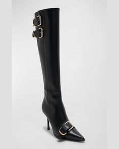 "Find GIVENCHY Voyou Leather Buckle Knee Boots on Editorialist. Givenchy \"Voyou\" calf leather knee boots with buckle accents Twotone hardware 3.00 in / 75 mm stiletto heel Pointed cap toe Dual buckle straps at collar Side zip eases dress Lining: Leather Leather outsole Made in Italy" Designer Leather Heeled Boots With Buckle Closure, Designer Heeled Boots With Buckle For Fall, Designer Heeled Boots With Buckle Closure For Fall, Luxury Heeled Boots With Buckle Closure For Fall, Luxury Heeled Boots With Buckle For Fall, Luxury Leather Heeled Boots With Buckle Closure, Leather Knee-high Boots With Buckle For Party, Party Leather Knee-high Boots With Buckle Closure, Luxury Fall Boots With Buckle Closure