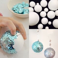 there are several different pictures with white balls and blue sequins on them, including one in the shape of a christmas ornament