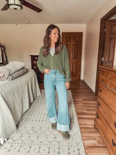 Five Ways to Wear Wide Leg Jeans for Fall and Winter – Marissa Wears an Outfit Green Button Sweater Outfit, Fall Casual Jean Outfits, Wide Leg Jeans And Cardigan Outfit, Green Sweater Cardigan Outfit, Olive Jeans Outfit Winter, Green Duster Cardigan Outfit, Cuffed Jeans Outfit Fall, Wide Leg Jeans And Heels Outfit, Green Pants Fall Outfit