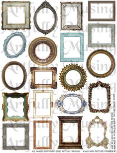 an assortment of old frames with different shapes and sizes, all painted in various colors