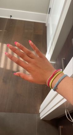 French Nails With Hot Pink Tips, Preppy Nail Inspo Almond, Acrylic Colored French Tip Nails, Summer French Tip Nails Almond Pink, French Tip Nails All Colors, French Tip Nails Bright Colors, Neon Pink French Tip Nails Short, Almond French Tip Summer Nails, Neon Pink Tips Acrylic Nails