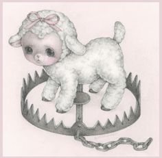 a drawing of a lamb on top of a scale with a chain attached to it