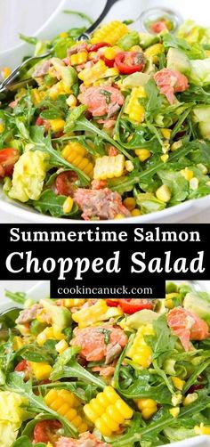 Arugula, salmon, corn and tomatoes in a large white bowl. Salmon Salad Recipes Healthy, Salad Recipes Healthy, Chopped Salad Recipe, Salmon Meal Prep, Lettuce Salad Recipes, Canned Salmon Recipes, Sea Food Salad Recipes, Salmon Salad Recipes, Chopped Salad Recipes