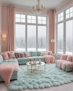 a living room filled with lots of furniture next to a window covered in pink and blue fur