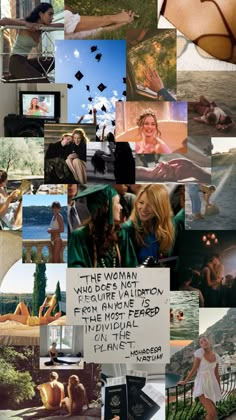 the collage shows many different pictures and words on it, including women in swimsuits