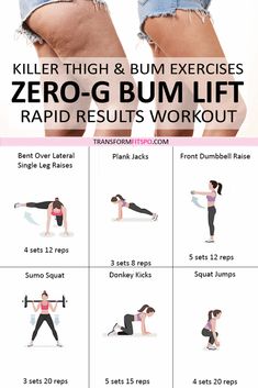 a woman doing exercises for her legs and butts, with the text killer thigh & bum exercise zero - g burnlift rapid results workout