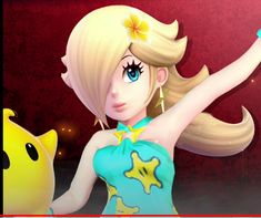 a woman in a blue and yellow dress holding a nintendo wii game controller next to a pokemon pikachu