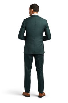 Dark green suits have become almost as much of a menswear staple as blue suits.  Our dark green suit with stretch fabric comes with matching pants and a vest and looks great with brown or black shoes depending on what tie color you choose for your look. Elegant Green Business Casual Suits, Green Suit With Suit Collar, Classic Dark Green Business Suit, Elegant Green Suits In Suiting Fabric, Tailored Dark Green Business Suit, Classic Green Three-piece Suit For Semi-formal Occasions, Green Three-piece Business Suit, Classic Green Formal Suits, Classic Dark Green Semi-formal Suits