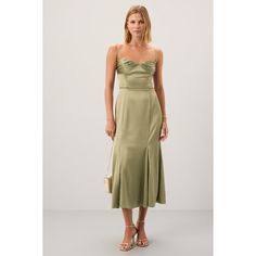 Sage Green. (88% Naia Renew Acetate, 12% Polyester) Cocktail Dress. Shoulder to Hemline: 45" See Fit Notes for More Information. Imported. Pleated Satin Dress, Skirt Wedding Dress, Side Chest, Skirt Maxi, Rent The Runway, Satin Midi Dress, Dress 12, Draped Fabric, Green Satin