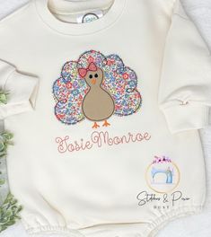 Girls Turkey Bubble/Girl Thanksgiving Turkey and Bow/Fall Turkey Bubble/First Thanksgiving Shirt/Embroidered Sweatshirt/Turkey Sweater Please note that colors may vary slightly due to lighting and/or your computer monitor settings. I do my best to provide an accurate representation of colors. I use high quality boutique shirts and bodysuits, the girl shirts do have puff sleeves.  Please review the sizing chart listed in the pictures prior to ordering. This listing is for the SHIRT ONLY and doesn't include any photo props. Please be sure to leave the name and number needed in the 'notes to seller' section at checkout.  If you want to change the color scheme just message me before placing your order. All embroidered items are finished with a soft backing to protect sensitive skin from scratc Embroidery Sweater Diy, Embroidery Things, Sweater Diy, Cricut Christmas Ideas, Embroidered Items, Boutique Shirts, Girls Thanksgiving, Girl Shirts, Thanksgiving Baby