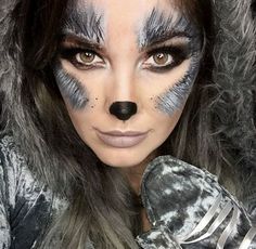 Husky Face Paint, Koala Makeup Halloween, Racoon Eyes Makeup, Werewolf Makeup Female, Skunk Makeup, Wolf Costume Makeup, Koala Makeup, Wolf Costume Women, Raccoon Makeup