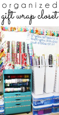 organized gift - wrapping closet with lots of craft supplies