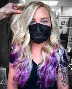 Blue Ends On Blonde Hair, Pink And Purple Streaks In Blonde Hair, Blonde Hair With Streaks, Hairstyles With Purple Highlights, Hairstyles With Purple, Hair With Streaks, Purple Lowlights, Blonde Hair With Purple