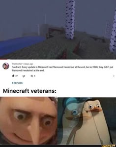 an image of a twitter post with two penguins and the caption minecraft veterans