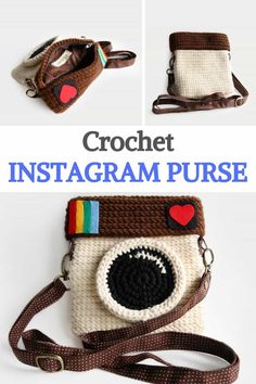 the crochet instagramm purse is made from yarn and has a camera attached to it