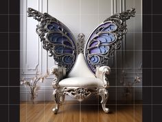 a butterfly shaped chair sitting on top of a wooden floor next to a tiled wall