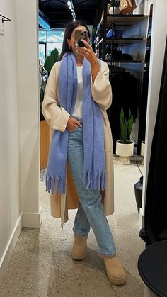 Stay warm and cozy this season with our long scarf from Pieces! Available in three gorgeous color options - Beige, Periwinkle, and Pink. Material 100% Polyester. Fit Info One size. Measures 80" in length, and 23" wide. Colorful Nyc Outfits, Winter Scarf Outfit Women, Pink For Fall Outfit, Italy Inspired Outfits Fall, Fall Scarf Aesthetic, Very Warm Winter Outfits, Periwinkle Outfit Ideas, Warm Scarf Outfit, Fall Outfits Scarf