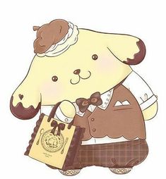 a drawing of a teddy bear holding a brown and white bag with a hat on it's head