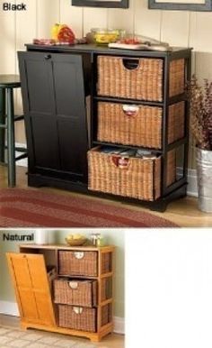 two pictures show the same furniture in different rooms, one with wicker baskets on it