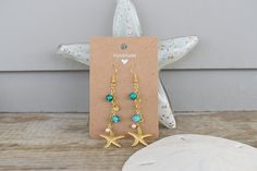 These beachy dangle earrings are handmade and hand assembled with beachy vibes in mind!  The material is delicate and should not be worn in water or with oils and lotions! Handmade Beachy Earrings For Summer, Handmade Summer Earrings For Beach Season, Handmade Coastal Jewelry For Summer, Summer Beach Dangle Jewelry, Handmade Starfish Earrings For Beach, Summer Beach Earrings With Wire Wrapped Detail, Handmade Shell Earrings For Beach, Turquoise Wire Wrapped Earrings For Beach, Handmade Beachy Earrings For Beach Season