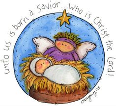 a watercolor drawing of a baby jesus in the manger with his mother and father