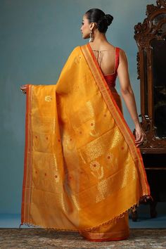 Mustard handwoven saree crafted in kosa silk featuring sunflower motif. Comes with a running blouse piece. - Aza Fashions Traditional Chanderi Pre-draped Saree With Weaving Work, Festive Pre-draped Saree With Weaving Work, Traditional Ceremonies Woven Motifs Blouse Piece, Festive Woven Motifs Blouse, Orange Chanderi Handloom Blouse Piece, Orange Slub Silk Traditional Wear With Pallu, Handloom Slub Silk Pre-draped Saree For Diwali, Traditional Drape Blouse With Woven Motifs, Weaving Work Blouse Piece For Wedding And Navratri