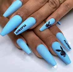 French Pedicure, Bunny Nails, Blue Acrylic Nails, Nail Blue, Bunny Design, Acrylic Coffin