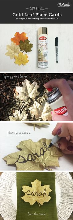 some leaves that are on top of a plate and the words gold leaf place cards